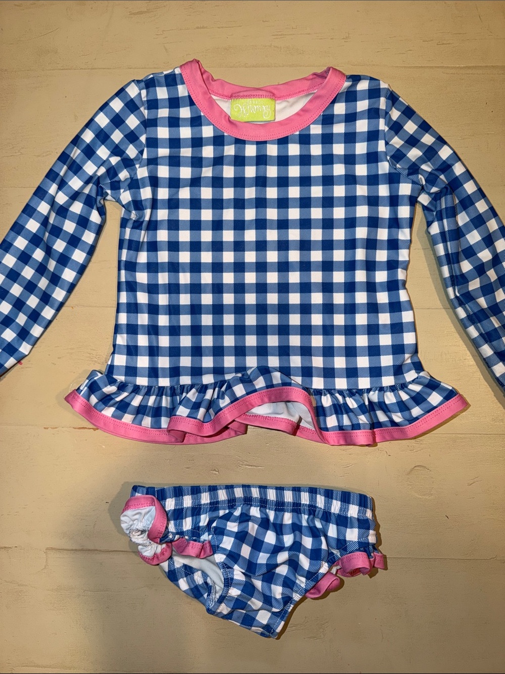 Blue Gingham Long-Sleeve Rash Guard Set with Pink Trim - Kids Swim